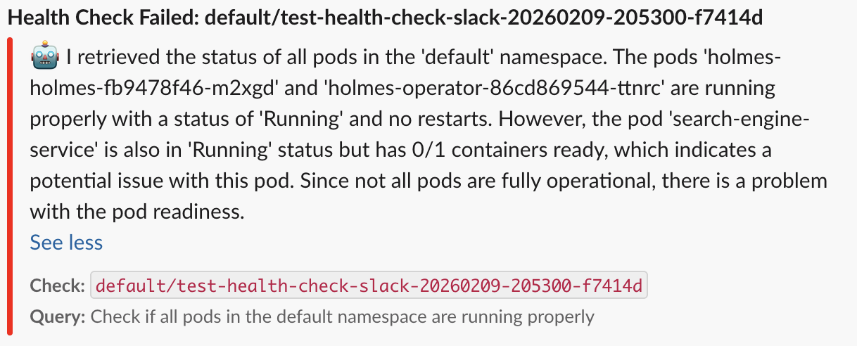 Example Slack alert generated by Holmes Operator